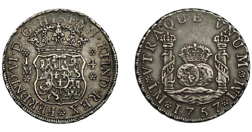 575   -  FERNANDO VI. 4 reales. 1757. Lima. JM. VI-283. Pequeñas marcas. MBC/MBC+.