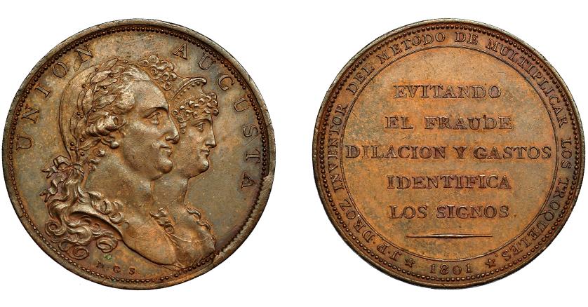 601   -  CARLOS IV. Medalla. 1801. Invento de DROZ. En el canto ACUÑA SUPERFICIE Y CANTO A UN SOLO GOLPE. Sepúlveda. AE 39,5 mm. MPN-305. EBC/EBC+.