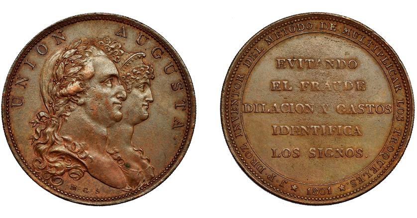 602   -  CARLOS IV. Medalla. 1801.  Invento de DROZ. Firma M.G.S. Sepúlveda. Canto estriado. AE 30,5 mm. MPN-305 vte. EBC-.