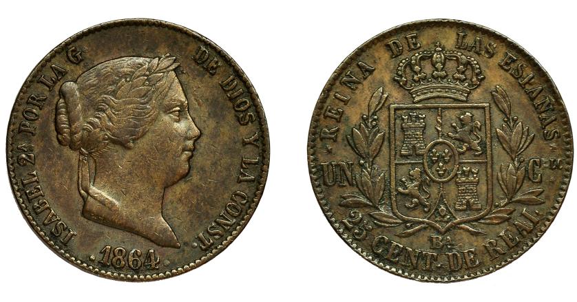 690   -  ISABEL II. 25 céntimos de real. 1864. Barcelona. VI-144. MBC-/MBC.