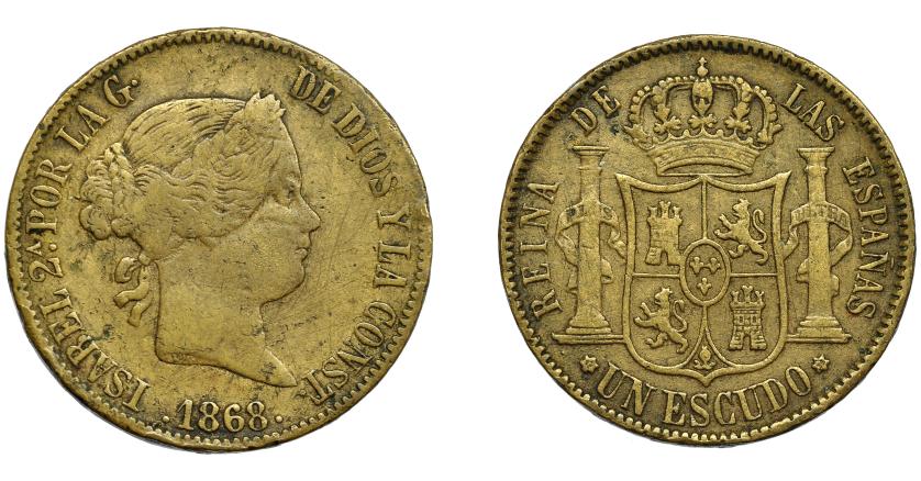 696   -  ISABEL II. Escudo. 1863. Madrid. Falsa de época en latón. BC+/MBC-. Muy interesante.