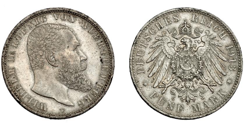 840   -  MONEDAS EXTRANJERAS. ALEMANIA Y ESTADOS ALEMANES. Wurtemberg. Guillermo II. 5 marcos. 1913. KM-632. golpecito en canto. EBC-.