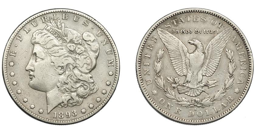 892   -  MONEDAS EXTRANJERAS. ESTADOS UNIDOS DE AMÉRICA. 1 dólar. 1893. S. KM-110. Pequeñas marcas. MBC. Muy rara.