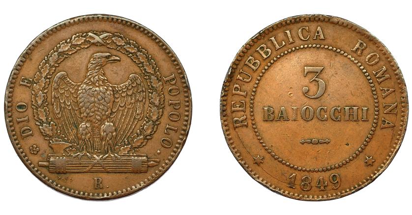 942   -  MONEDAS EXTRANJERAS. ITALIA Y ESTADOS ITALIANOS. República Romana. 3 baiocchi. 1849. R. DIO E POPOLO. KM-23.1. Golpecitos. MBC.