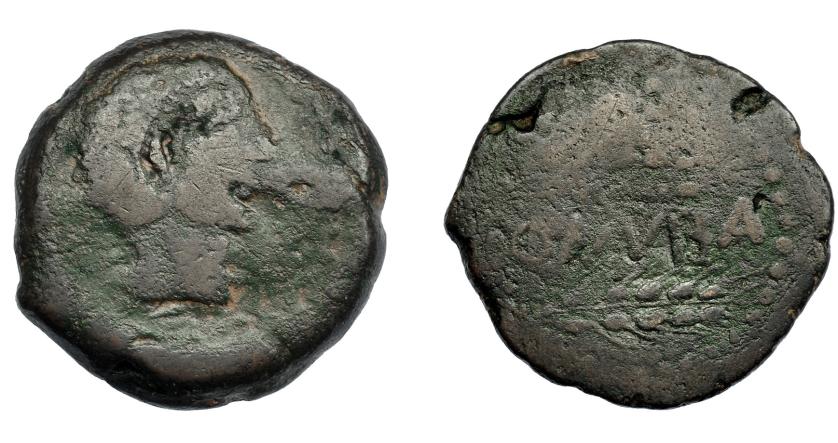 264   -  HISPANIA ANTIGUA. ONUBA. As. A/ Cabeza masculina a der. R/ Dos espigas a der., en medio ONVBA. AE 13,43 g. 27,9 mm. I-1890. ACIP-2415. BC. Muy rara.