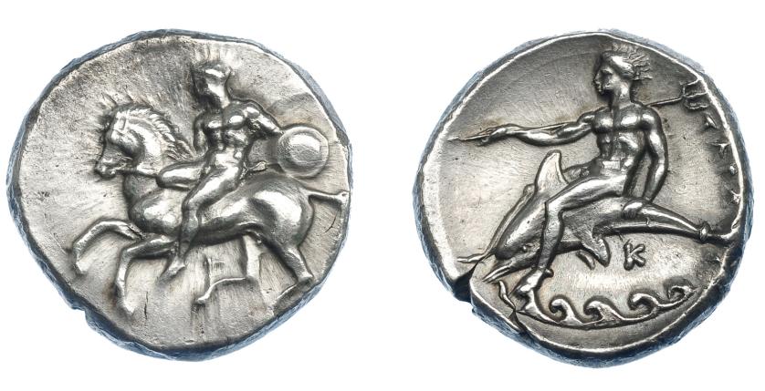 312   -  GRECIA ANTIGUA. CALABRIA. Tarento. Didracma (380-340 a.C.). A/ Jinete con lanza y escudo a izq., debajo letra D. R/ Taras con tridente sobre delfín a izq., debajo olas y entre ellos K; TARAS. AR 7,85 g. 21,6 mm. COP-no. SNG ANS-931. SBG-348. EBC. Muy escasa en esta conservación. Ex col. Guadán 1366.