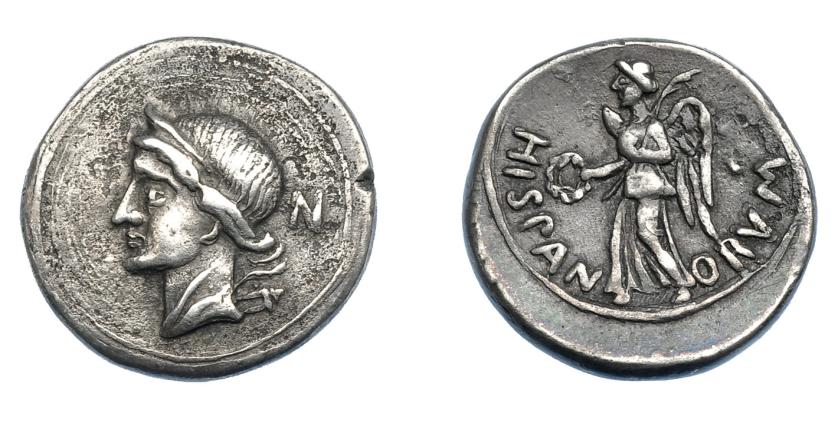 366   -  GRECIA ANTIGUA. SICILIA. Morgantina. A/ Cabeza de Diana, diademada y con carcaj a izq., detrás N. R/ Victoria con corona y palma avanzando a der.; HISPAN-PRVM. AR 3,78 g. 17,2 mm. Similar en bronce Calciati 7. Fantasía del siglo XIX. MBC.