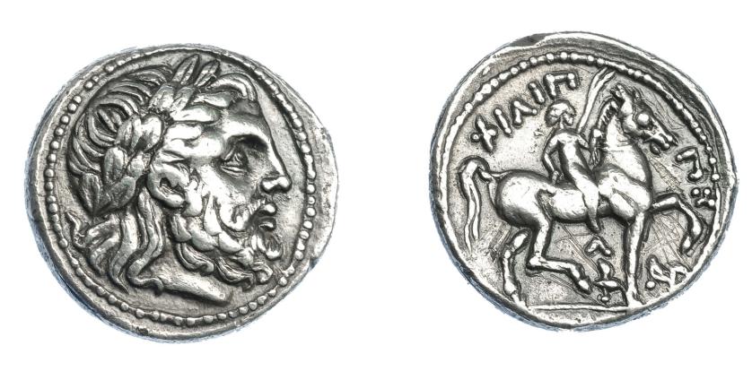 375   -  GRECIA ANTIGUA. MACEDONIA. Filipo II. Anfípolis. Tetradracma (323-316 a.C.). A/ Cabeza laureada de Zeus a der. R/ El rey cabalgando a der., entre las patas del caballo antorcha y delante monograma; FILIPPOU. AR 14,10 g. 25,5 mm. COP-559. SBG-6680. Rayas en rev. MBC+/MBC. Ex col. Guadán 1748.