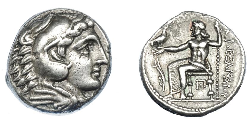 376   -  GRECIA ANTIGUA. MACEDONIA. A nombre de Alejandro III (316-315 a.C.). Acuñada bajo Casandro. Anfípolis. A/ Cabeza de Alejandro con leonté a der. R/ Zeus entronizado a izq. con águila y cetro, delante aplustre, debajo del trono Π con punto en el interior; ΑΛΕΞΑΝΔΡΟΥ. AR 17,07 g. 23,9 mm. PRC-129. SBG-6718 vte. MBC+. Ex col. Guadán 1766.