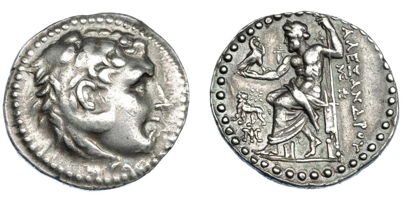 378   -  GRECIA ANTIGUA. MACEDONIA. A nombre de Alejandro III. Mileto. Tetradracma (190-150 a.C.). A/ Cabeza de Alejandro con leonté a der. R/ Zeus entronizado a izq., delante estrella sobre león a izq. con cabeza vuelta, debajo monograma; dos monogramas horizontales a la der.; ΑΛΕΞΑΝΔΡΟΥ. PRC- 2209. SBG-6718 vte. MBC/MBC+. Rara en esta conservación. Ex col. Guadán 1771.