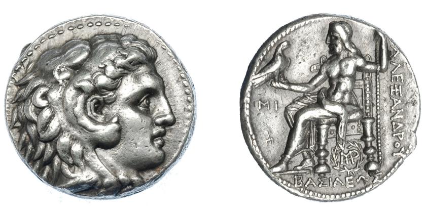 382   -  GRECIA ANTIGUA. MACEDONIA. A nombre de Alejandro III. Babilonia. Tetradracma (311-300 a.C.). Acuñada bajo Seleuco I. A/ Cabeza de Alejandro con leonté a der. R/ Zeus entronizado a izq. sosteniendo águila y cetro, delante MI y debajo tridente; bajo el trono monograma con corona; ΒΑΣΙΛΕΩΣ ΑΛΕΞΑΝΔΡΟΥ. Ar 17,17 g. 25,7 mm. PRC-3763 (tridente hacia abajo). SBG-6718 vte. EBC-. Ex col. Guadán 1761.