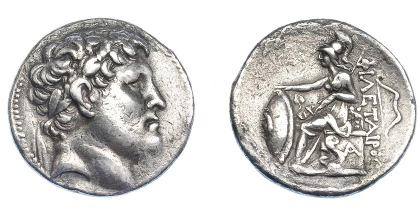 418   -  GRECIA ANTIGUA. MISIA. Eumenes I. Pérgamo. Tetradracma (282-263 a.C.). A nombre de Philetairos. A/ Cabeza diademada a der. R/ Atenea entronizada a izq. con escudo y lanza, detrás arco, debajo monograma; ΦIΛETAIΡOΥ. AR 16,90 g. 29,6 mm. COP-334. SBG-7217. Leves oxidaciones. Ligeramente abrillantada. MBC. Rara. Ex col. Guadán 2257. 