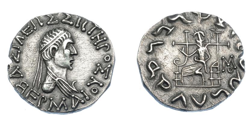 449   -  GRECIA ANTIGUA. BACTRIA. Hermaios Soter. Tetradracma (105-90 a.C.). A/ Busto diademado y drapeado a der. R/  Zeus entronizado a izq. con cetro, monograma a la der. AR 8,72 g. 24,3 mm. Mitchiner-tipo 414.  SBG-7733. EBC. Muy escasa en esta conservación. Ex col. Guadán 2702.