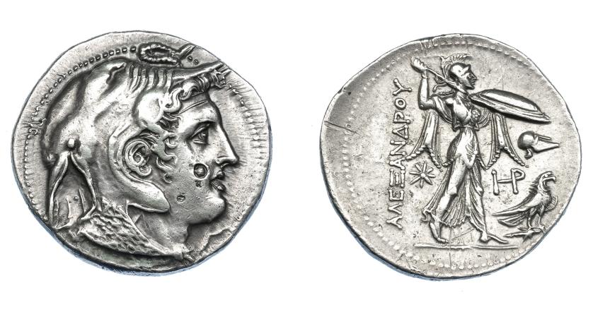 450   -  GRECIA ANTIGUA. EGIPTO. Reino Ptolemaico. Ptolomeo I. Tetradracma (323-305 a.C.). A nombre de Alejandro III.  A/ Cabeza de Alejandro III a der. con piel de elefante, cuernos de Amón y égida. R/ Atenea avanzando a der. con lanza y escudo; delante monograma, casco y águila, detrás AΛEΞANΔΡOΥ. AR 15,55 g. 31 mm. COP-28. SBG-7750 vte. Contramarcas en anv. MBC+/EBC-. Rara en esta conservación. Ex col. Guadán 2709.