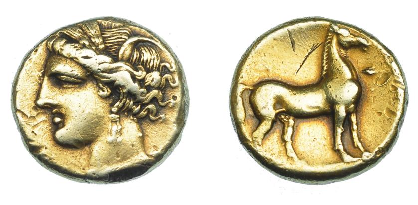 458   -  GRECIA ANTIGUA. ZEUGITANIA. Cartago. Estátera (350-270 a.C.). A/ Cabeza de Tanit a izq. R/ Caballo parado sobre línea a der. EL 7,37 g. 18,1 mm. COP-988. SBG-6469. J-299. golpecitos y raya en anv. y rev. MBC. Ex col. Guadán 3010.