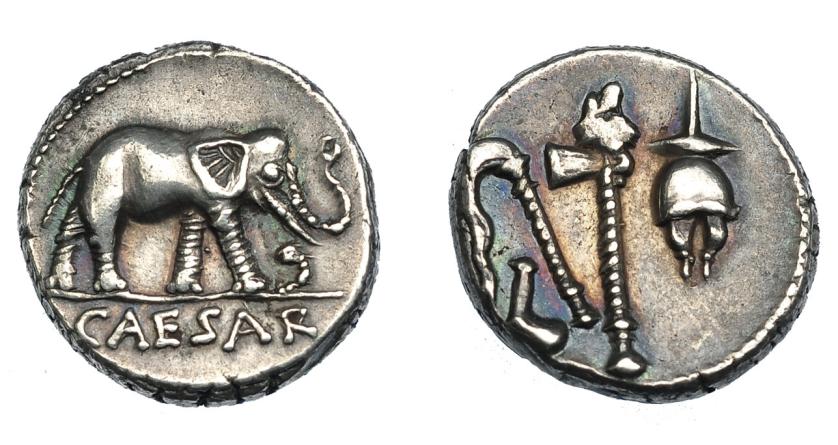 481   -  PERIODO DE JULIO CÉSAR A AUGUSTO. JULIO CÉSAR. Denario. Ceca móvil (49-48 a.C.). A/ Elefante avanzando a der. pisando carnyx galo; bajo línea CAESAR. R/ Instrumentos sacerdotales. AR 3,90 g. 15,3 mm. CRAW-433.1. FFC-50. EBC-.