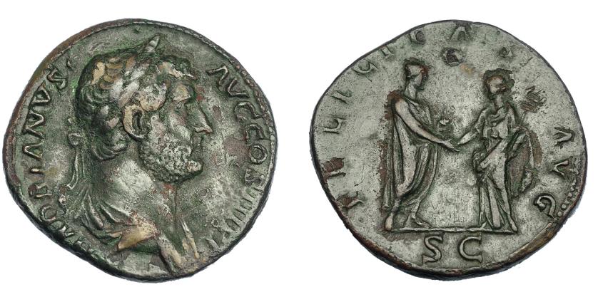 544   -  IMPERIO ROMANO. ADRIANO. Sestercio. Roma (134-138). A/ Busto laureado y drapeado a der.; HADRIANVS AVG COS III P P. R/ Adriano a der. estrechando la mano a Felicitas a izq. con caduceo; FELICITAS AVG, en  exergo SC. AE 22,83 g. 31,8 mm. RIC 2086. Pátina verde con pequeñas erosiones. MBC.