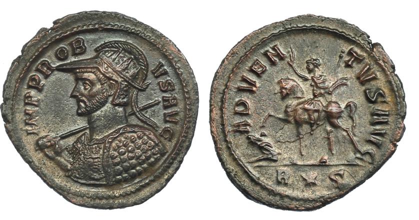 567   -  IMPERIO ROMANO. PROBO. Antoniniano. Roma (276-282). A/ Busto a izq. con casco, escudo y lanza; IMP PROBVS AVG. R/ Emperador a caballo a izq. con brazo levantado, delante cautivo; exergo R*S. VE 4,13 g. 24,5 mm. RIC-157. EBC.