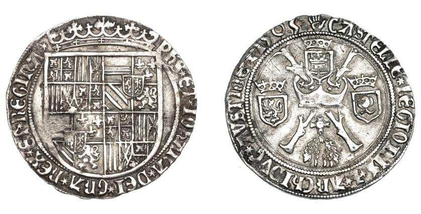 636   -  JUANA Y FELIPE EL HERMOSO. Real (1505). Amberes. A/ PHS* ET* IOHANA* DEI* GRA* REX* ET* REGINA*. R/ (Mano) CASTELLE* LEGIONIS*Z* ARCHIDUC* AUSTRIE*Z* 1505. Vanhoudt-197.AN. Pequeño vano en anv. MBC+. Rara.