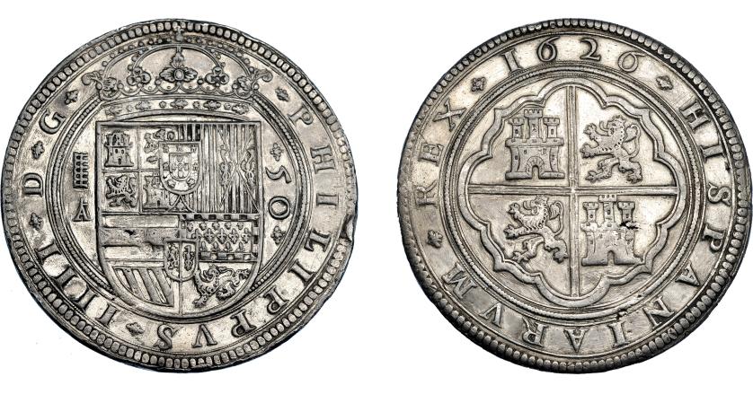 648   -  FELIPE IV. 50 reales. 1626. Segovia. A superada de cruz. AC-1696. Golpe en canto. Estuvo dorada. MBC. Rara.