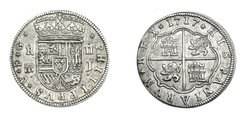 660   -  FELIPE V. 2 reales. 1717. Segovia. J. Con florones en rev. VI-759. AC-944. Vte. de corona. EBC-.