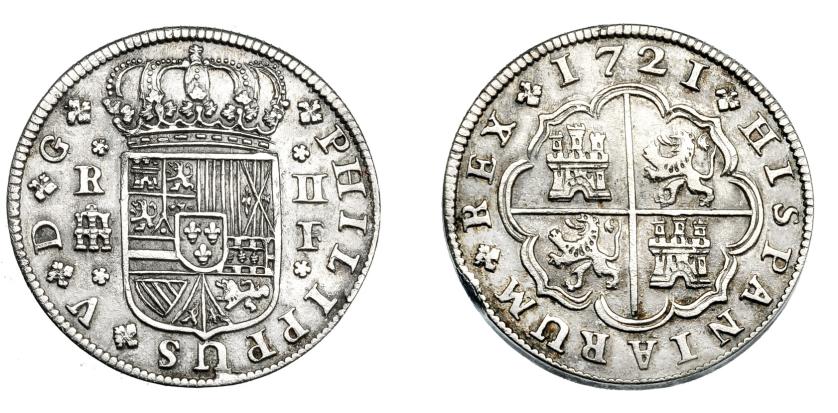 672   -  FELIPE V. 2 reales. 1721. Segovia. F. Acueducto pequeño. Con flores de 5 en anv. VI-767. AC-954. Golpe en canto. MBC+.