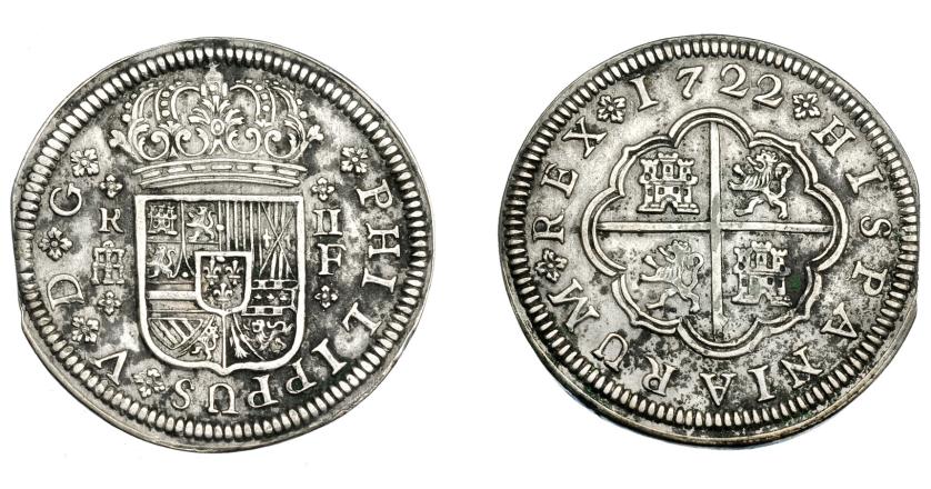 674   -  FELIPE V. 2 reales. 1722. Segovia. F. VI-768. AC-956. Oxidaciones. MBC+/MBC.