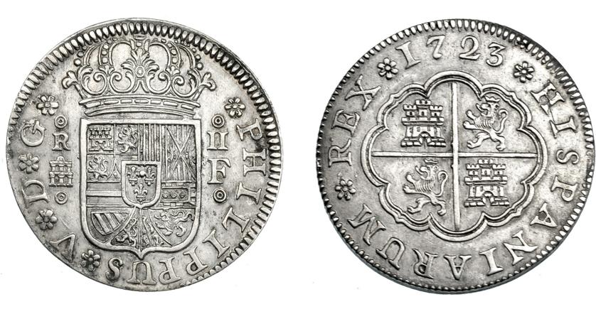 679   -  FELIPE V. 2 reales. 1723. Segovia. F. Roeles concéntricos en anv. VI-769 vte. AC-958 vte. EBC/EBC-. Muy rara. 