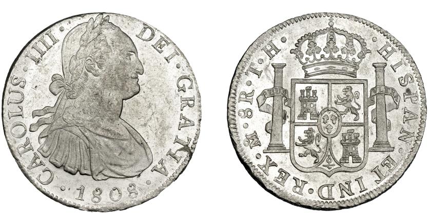 828   -  CARLOS IV. 8 reales. 1808. México. TH. VI-807. Golpecitos en gráfila y pequeñas marcas. EBC+.