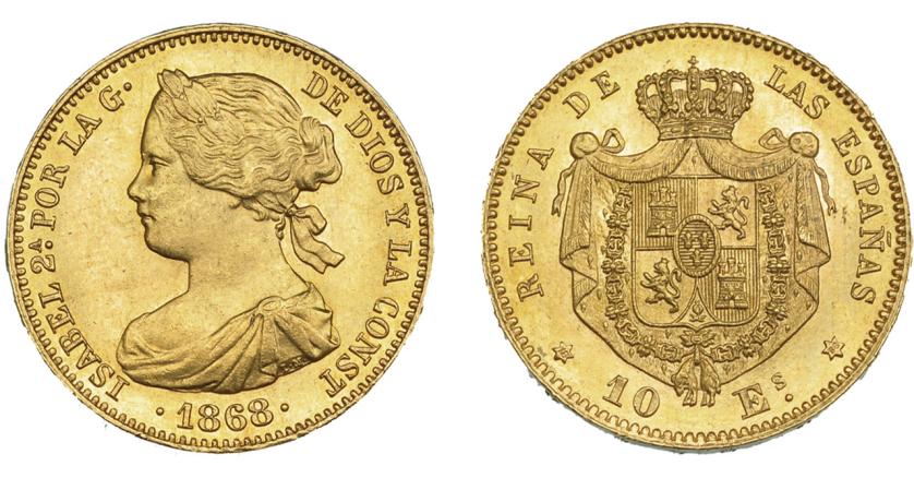 934   -  ISABEL II. 10 escudos. 1868*18-68. Madrid. VI-668. B.O. SC.