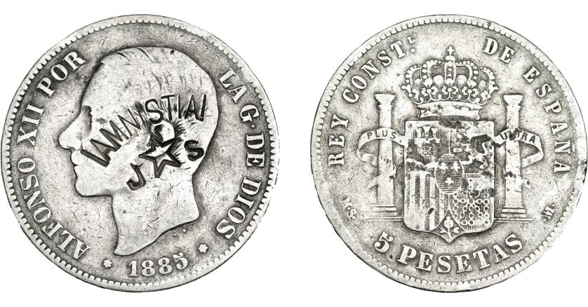 966   -  COLECCIÓN DE RESELLOS. ALFONSO XII. 5 PESETAS 1885 *--. Madrid MSM. Contramarcas en anv. AMNISTIA y estrella de 5 puntas entre J y S. MBC-.