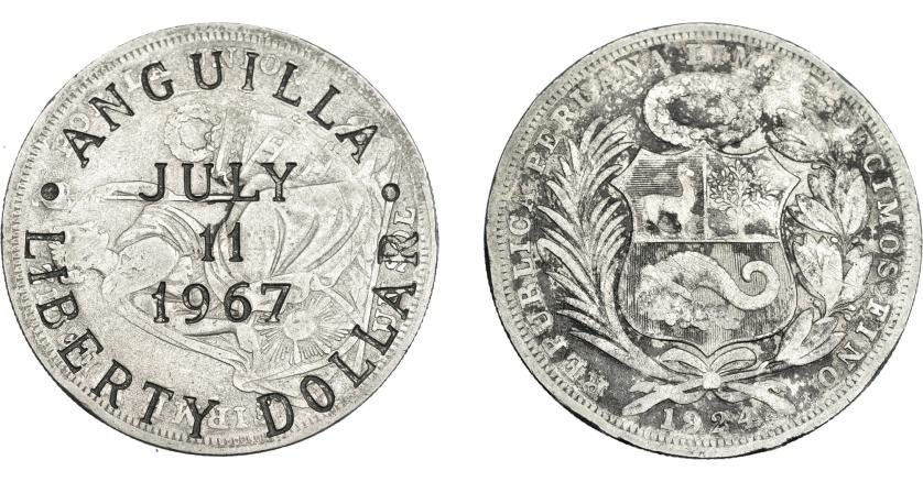 968   -  COLECCIÓN DE RESELLOS. ANGUILA. Resello LIBERTY DOLLAR 1967 sobre 1 sol de Perú 1924. KM-X3. MBc.