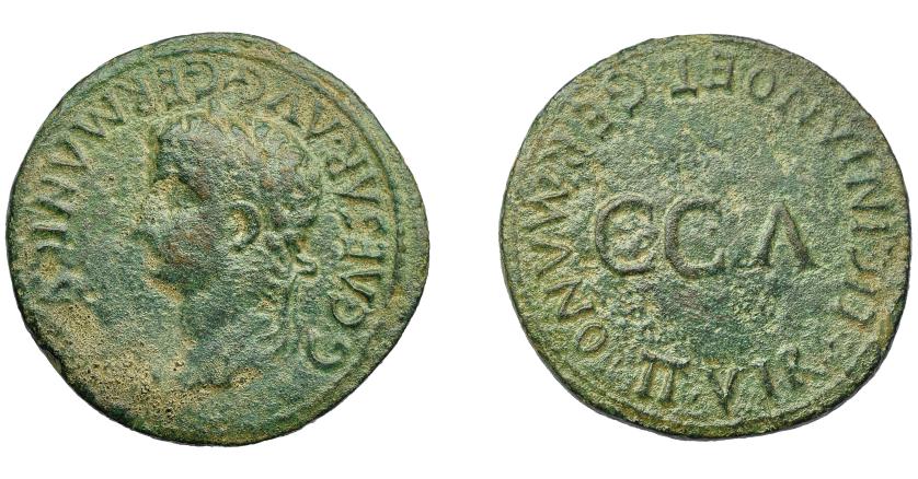 1121   -  HISPANIA ANTIGUA. CAESARAUGUSTA. Calígula. Dupondio. A/ Cabeza laureada a izq.; G CAESAR AVG GERMANICVS (IMP). R/ C C A; alrededor LICINIANO ET GERMANO II VIR. 8,72 g. 29,1 mm. I-395. APRH-370. ACIP-3099. Vano. Pátina verde rugosa. MBC-/MBC. Compra privada Pliego (2000).