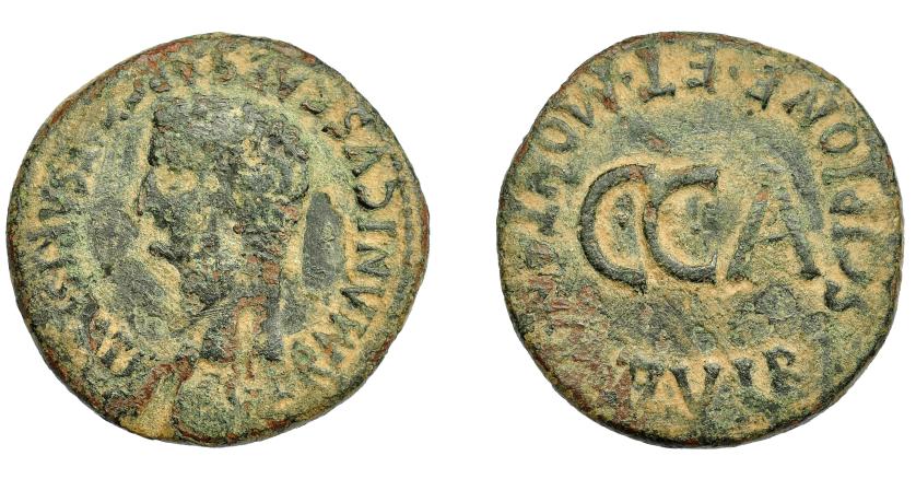 1124   -  HISPANIA ANTIGUA. CAESARAUGUSTA. Calígula. Dupondio. A/ Cabeza a izq.; GERMANICVS CAESAR G CAESARIS PATER. R/ C C A; alrededor SCIPIONE ET MONTANO II VIR. 10,24 g. 30 mm. I-397. APRH-377. ACIP-3106. Golpes en anv. Pátina verde. BC+/MBC-. 