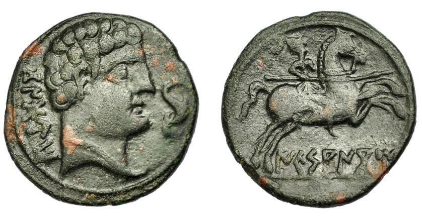 1412   -  HISPANIA ANTIGUA. IKESANKOM. Unidad. A/ Cabeza masculina a der., delante delfín, detrás KoNBoUTo. R/ Jinete lancero a der., debajo sobre línea IKeSANKoM. AE 7,39 g. 25,4 mm. I-1421. ACIP-1599. Pátina oscura con tonos rojos. MBC/MBC-. Muy escasa. Ex Áureo, 29-9-1992, lote 259.