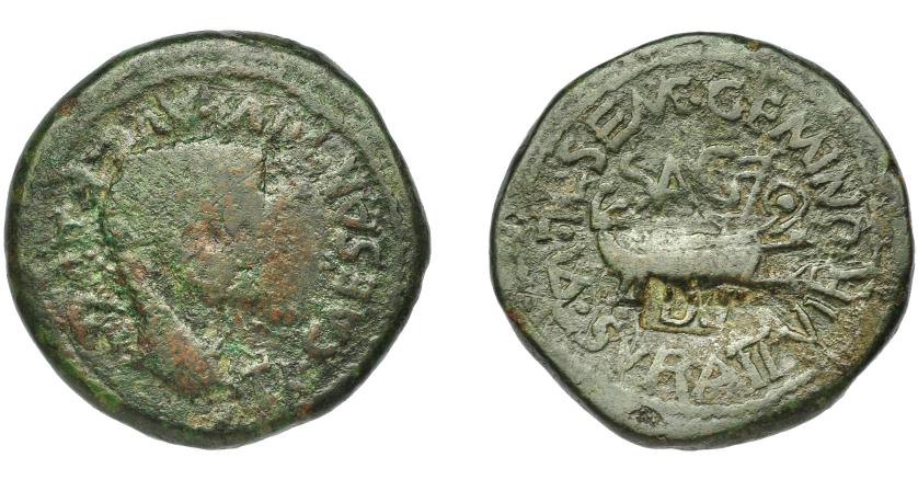 1671   -  HISPANIA ANTIGUA. ARSE-SAGUNTUM.. Tiberio. As. A/ Cabeza a der.; TI CAESAR DIVI AVG F AVG poco visible. R/ Galera a der., encima SAG; L SEM GEMINO L VAL SVRA II VIR. AE14,69 g. 29,3 mm. I-2091. APRH-202b. ACIP-3237a. Pátina verde. BC+. Compra privada Pliego (2000).