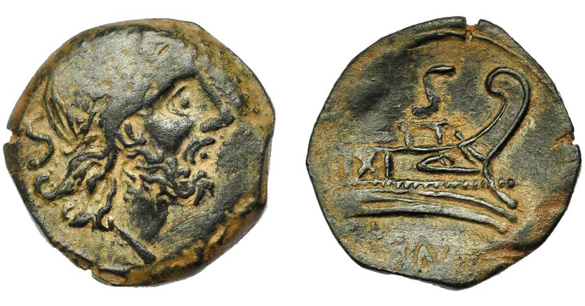 117   -  REPÚBLICA ROMANA. IMITACIÓN HISPANA DE NUMERARIO ROMANO. Semis (I a.C.-I d.C.). A/ Cabeza de Saturno a der., detrás S. R/ Proa a der., encima S y en exergo ROMA. AE 5,71 g. 22.55 mm. I-R44. MBC-/MBC.