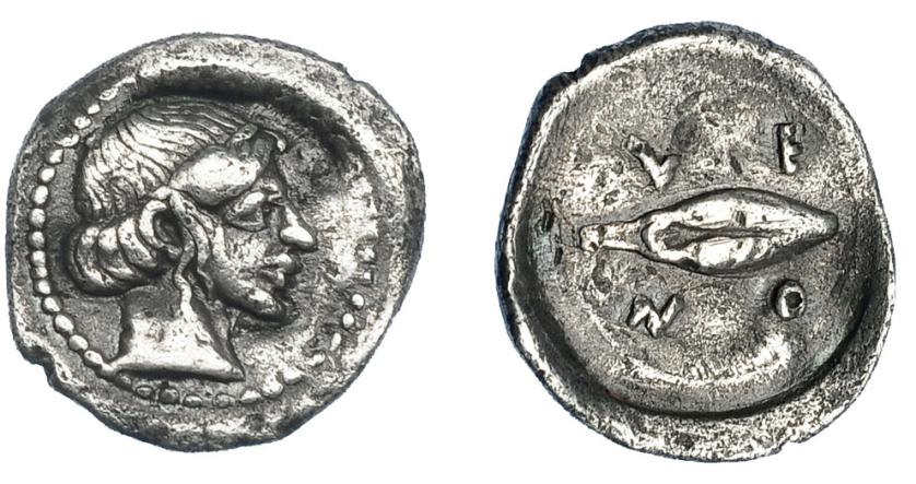 239   -  GRECIA ANTIGUA. SICILIA. Leontini. Óbolo (500-466 a.C.). A/ Cabeza de Apolo a der. R/ Grano, alrededor ΛE-ON. AR 0,76 g. 12,7 mm. COP-345. SBG-836 vte. MBC. Muy escasa. Ex colección Guadán 1588.