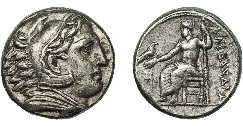 248   -  GRECIA ANTIGUA. MACEDONIA. Alejandro III. Tetradracma. Anfípolis (c. 325-323 a.C.). R/ Delante del trono Atenea. AR 16,81 g. 24,1 mm. PRC-105. Pequeñas erosiones. MBC/MBC-.