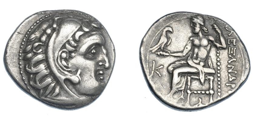 250   -  GRECIA ANTIGUA. MACEDONIA. Alejandro III. Colofón. Dracma. A/ Cabeza con leonté a der. R/ Zeus entronizado a izq., delante monograma KA, detrás ALEXANDROS, debajo del trono creciente. AR 4,12 g. 18,3 mm. PR-825. SBG-6730 vte. MBC. 