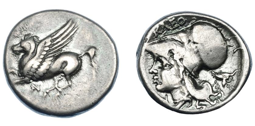 263   -  GRECIA ANTIGUA. ACARNANIA. Anactorion. Estátera (300-250 a.C.). A/ Pegaso volando a izq., debajo monograma. R/ Cabeza de Atenea a izq., encima KLEO, detrás monograma y bucráneo, debajo monograma. AR 8,24 g. 20,08 mm. COP-294. SBG-2248 vte. Rayas en anv. MBC. Ex colección Guadán 2005. 