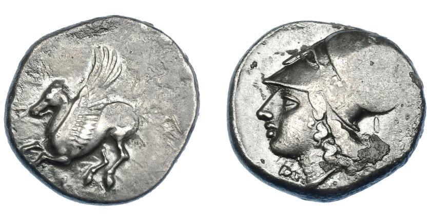 273   -  GRECIA ANTIGUA. CORINTIA. Corinto. Estátera (315-310 a.C.). A/ Pegaso volando a izq., debajo q. R/ Cabeza de Atenea con casco y láurea a izq., delante D?, detrás I y símbolo? AR 8,23 g. 21,8 mm. COP-99? SBG-2626 vte. Vanos. MBC+. Ex colección Guadán 2098.