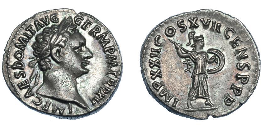 388   -  IMPERIO ROMANO. DOMICIANO. Denario. Roma (95-96 d.c.). A/ Cabeza laureada a der.; IMP CAES DOMIT AVG GERM P M TR P XV. R/ Minerva avanzando a der.; IMP XXII COS XVII CENS P P P. AR 3,21 g. 18,85 mm. RIC-789. Pátina gris. MBC+/EBC.