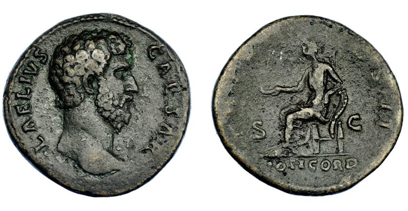 410   -  IMPERIO ROMANO. AELIO. Sestercio. Roma (137). A/ Cabeza a der.; L AELIVS CAESAR. R/ Concordia sentada a izq. con pátera y apoyada en cornucopia; TR POT COS II SC, exergo CONCORD. AE 22,10 g. 31,6 mm. RIC-2650. Pátina oscura rugosa. MBC/MBC-.