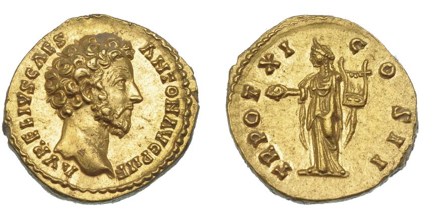 423   -  IMPERIO ROMANO. MARCO AURELIO (bajo Antonino Pío). Áureo. Roma (156-157). A/ Cabeza a der.; AVRELIVS CAES ANTON AVG P II F. R/ Apolo a izq. con lira y pátera; TR POT XI COS II. AU 7,32 g. 18,72 mm. RIC-469A. Pequeñas marcas. EBC.