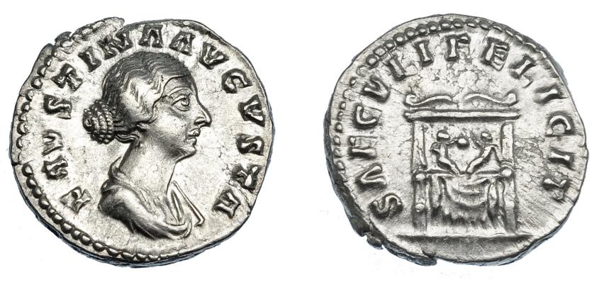 425   -  IMPERIO ROMANO. FAUSTINA LA MENOR (bajo Marco Aurelio). Denario. (161-176). A/ Busto drapeado a der.; FAVSTINA AVGVSTA. R/ Pulvinar engalanado con dos niños (Cómodo y Antonino); SAECVLI FELICIT. AR 3,25 g. 17,5 mm. RIC-711. MBC+/EBC-.