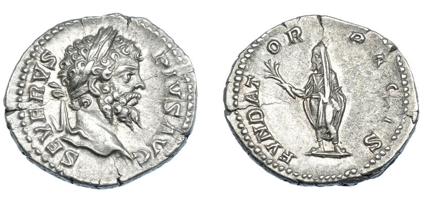 432   -  IMPERIO ROMANO. SEPTIMIO SEVERO. Denario. Roma (202-210). A/ Cabeza laureada a der.; SEVERVS PIVS AVG. R/ El emperador velado a izq. con rama; FVNDATOR PACIS. AR 3,28 g. 19,5 mm. RIC-265. EBC-/MBC+.