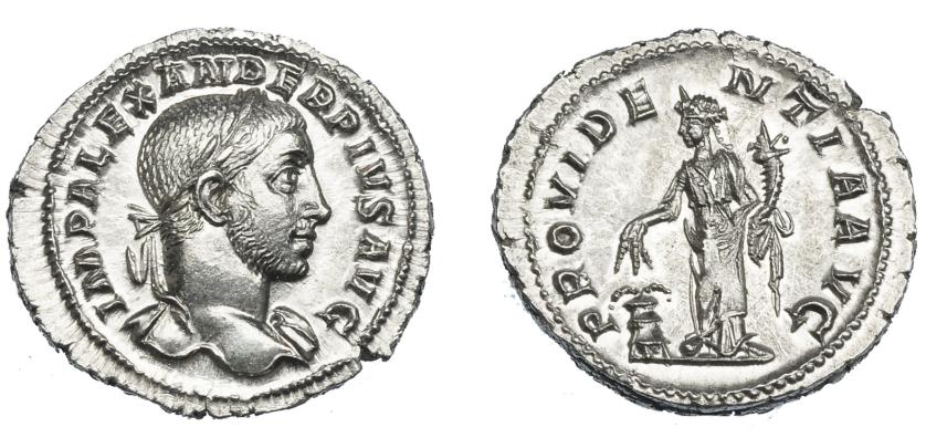 444   -  IMPERIO ROMANO. ALEJANDRO SEVERO. Denario. Roma (231-235). R/ Providentia a izq. con cornucopia y dos espigas sobre modio. PROVIDENTIA AVG. AR 2,87 g. 20,8 mm. RIC-250. Pequeño vano en rev. EBC+. Ex Vico 156, lote 3176.