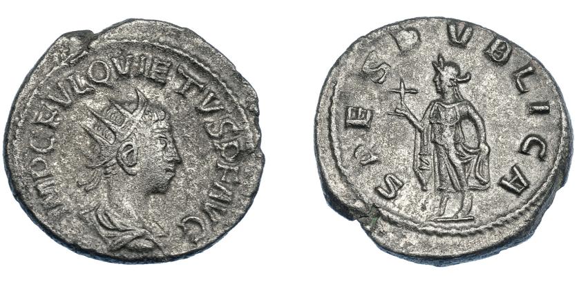 456   -  IMPERIO ROMANO. QUIETO. Antoniniano. Antioquía (260-261). A/ Busto radiado y acorazado a der.; IMP C FVL QVIETVS P F AVG. R/ Spes a izq. con flor; SPES PVBLICA. VE 4,01 g. 21,14 mm. RIC-11. MBC/MBC+.