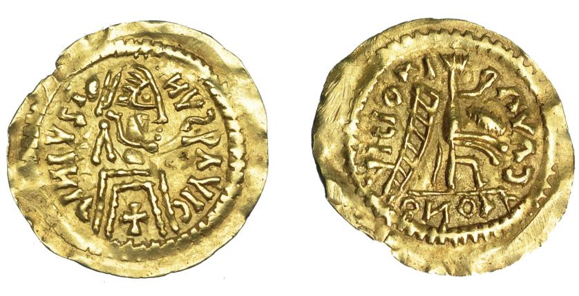 463   -  REINO VISIGODO.Periodo de Liuva I a Leovigildo. Emisiones a nombre de Justino II. Tremissis. AU 1,05 g. 18,3 mm. Tomasini-grupo JII2. EBC/EBC-. Escasa.